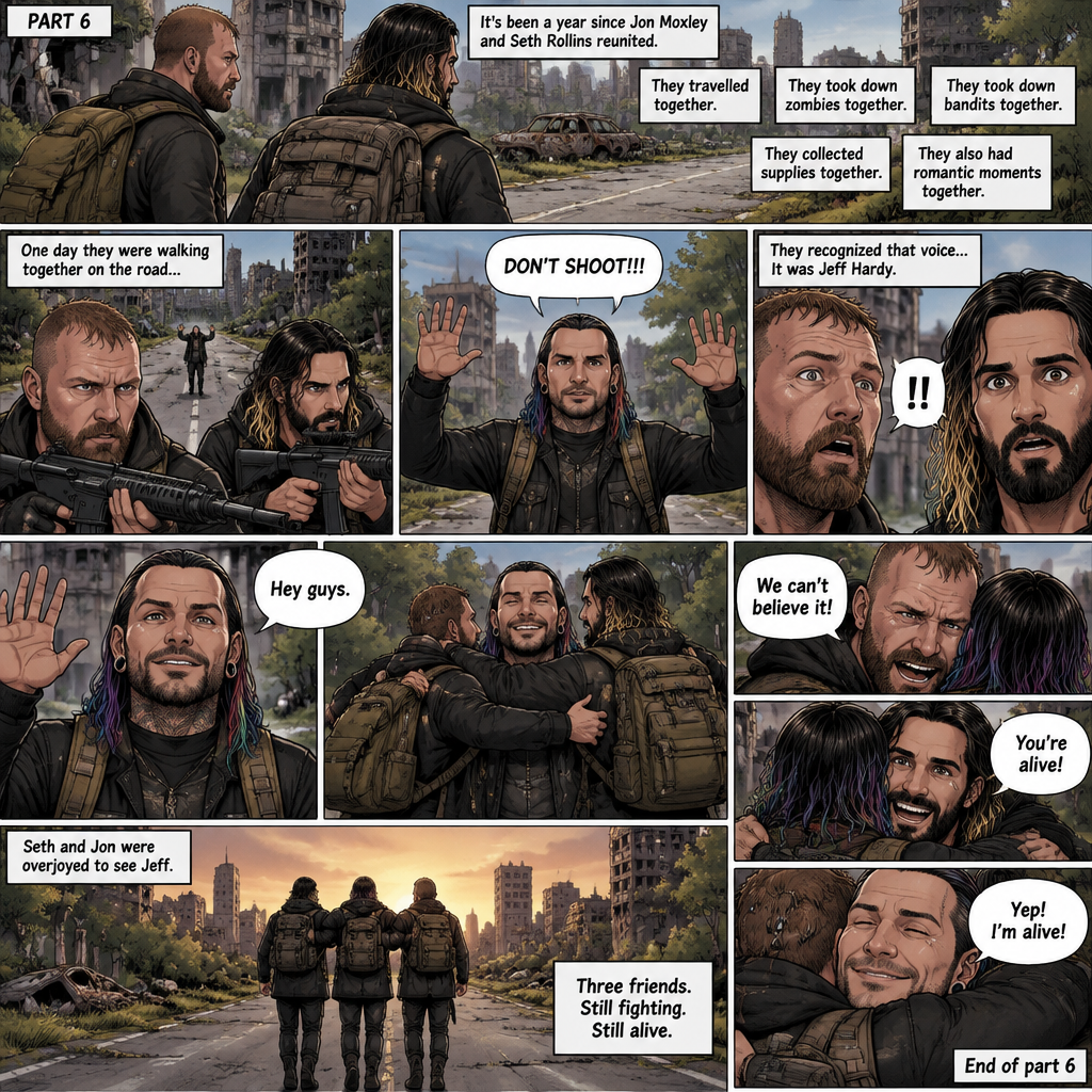(Part 6). Still in the zombie apocalypse. “it’s been a year since Jon Moxley and Seth Rollins reunited. They travelled together,They took down zombies together,They took down bandits together,They collected supplies together,They also had romantic moments together. One day they were walking together on the road…Then…..they see a person approaching them from the distance. They raise their weapons at the person just to make sure that the person wasn’t a threat. The person raised his hands and shouted “DON’T SHOOT!!!”. They recognized that voice…It was Jeff Hardy. They were shocked. Jeff waved at them and said “Hey guys”. Jon and Seth lowered their weapons and ran towards him. They hugged him. “We can’t believe it!” Said Jon. “You’re alive!” Said Seth. “Yep! I’m alive!” Said Jeff. Seth and Jon were overjoyed to see Jeff. (End of part 6)