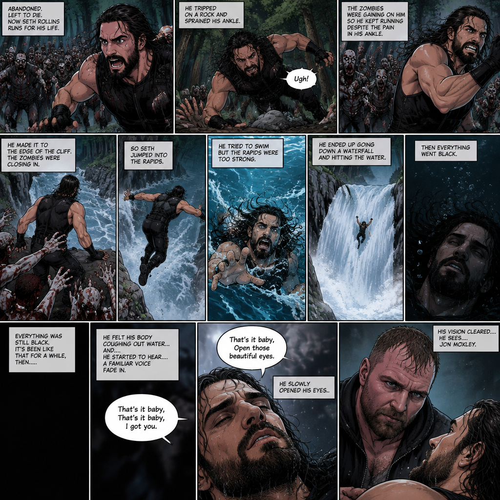 (Recap) Seth Rollins was running from a zombie horde in the woods after getting abandoned and left to die by his own group,He tripped on a rock and sprained his ankle,The zombies were gaining on him so he kept running despite the pain in his ankle,He made it to the edge of the cliff,The zombies were closing in,So Seth jumped into the rapids,He tried to swim but the rapids were too strong,He ended up going down a waterfall and hitting the water,Then everything went black. (And now part 2). Everything was still black. It’s been like that for a while,Then…..He felt his body coughing out water…and….he started to hear….A familiar voice fade in “That’s it baby,That’s it baby,I got you”. He slowly opened his eyes,The familiar voice spoke again “That’s it baby,Open those beautiful eyes”. Seth’s vision cleared….He sees….Jon Moxley..Looking down at him and holding him
