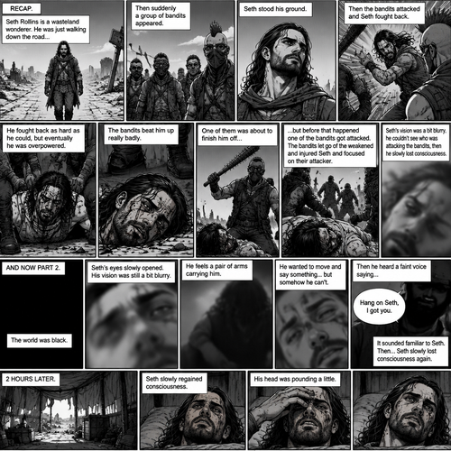 (Recap).Seth Rollins is a wasteland wonderer,He was just walking down the road,Then suddenly A group of bandits appeared,Seth stood his ground,Then the bandits attacked and Seth fought back,He fought back as hard as he could,but eventually he was overpowered,The bandits beat him up really badly,One of them was about to finish him off but before that happened One of the bandits got attacked,The bandits let go of the weakened and Injured Seth and focused on their attacker,Seth’s vision was a bit blurry,he couldn’t see who was attacking the bandits,then he slowly lost consciousness. (And now part 2). The world was black. Seth’s eyes slowly opened,His vision was still a bit blurry. He feels a pair of arms carrying him. He wanted to move and say something…but somehow he can’t. Then he heard a faint voice saying “Hang on Seth,I got you”. It sounded familiar to Seth. Then…Seth slowly lost consciousness again. 2 hours later,Seth slowly regained consciousness. His head was pounding a little