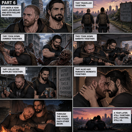 (Part 6). Still in the zombie apocalypse. “it’s been a year since Jon Moxley and Seth Rollins reunited. They travelled together,They took down zombies together,They took down bandits together,They collected supplies together,They also had romantic moments together