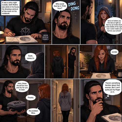 It was a rainy night outside,Seth Rollins was alone in his house,He drawing a picture of the moon on his notebook.Then the doorbell rang. “Who could that be in THIS hour?” Seth  asked himself. He got up and opened the door,A young Irish woman (Becky Lynch) was standing outside on his porch soaking wet from the rain wearing a hood. “Sorry to bother you this late at night sir,But my car broke down in the middle of the night,Can I come inside and borrow your phone?” Asked the woman.Seth looked at the woman,There was this…aura about her that he couldn’t quite explain.He decided to let her in. “Sure..come in” said Seth.The woman walked in and Seth shut the door.He walked out to his bedroom to get the woman some nice dry clothes to wear,The woman was waiting in the kitchen,She noticed the drawing on the table.She smiled.Seth came back and handed her the clothes. “Thanks” said the Woman. “No problem Miss” Said Seth.The woman went to the bathroom to change. “There’s something familiar about that woman,But I can’t quite put my finger on it” Seth said to himself