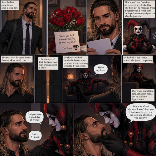 Seth Rollins came home after a long day,He discovered a bouquet of roses on his table. He reads the card,it says “I hope you had a wonderful day at work my love!-The jester”. This wasn’t the first time he received a gift like this. A mysterious person known as the Jester had been stalking him and sending him gifts for weeks. He was never able to figure who this person is. The first gift he received from the jester was a jester doll. He hoped to one day figure out who the jester is. The next day,he came home from work as usual….but….he discovered that the front door was cracked open a little. He got tense and approached with caution. He slowly walked inside the house,then….he heard a voice coming from the living room “Hello my love”. He looked at the source….it was…the jester….in person,Sitting on Seth’s couch. There was something familiar about him…but Seth couldn’t figure it out. “Did you have a good day at work?” Asked the Jester. Seth was a little nervous. “Um…Y-Yeah” said Seth. Seeing how nervous Seth was The Jester slowly walked towards Seth. He gently lifted Seth’s chin. “Don’t be afraid My love,I won’t hurt you,I just want to give you the love and attention you deserve” the jester said softly