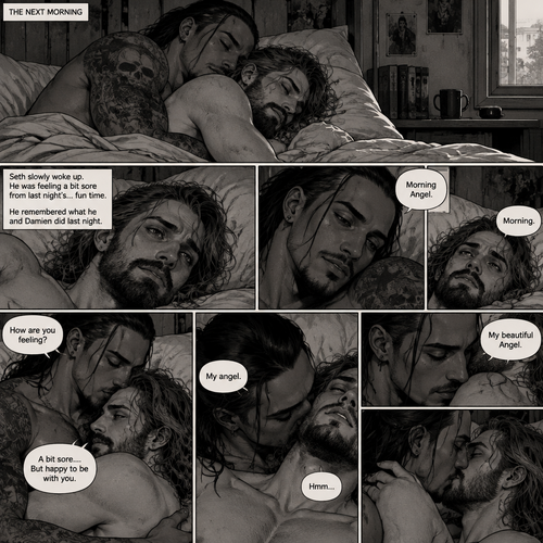 (Recap). Seth Rollins (College student) and Damien Priest (The bad boy) had been dating for 3 months now,One night Seth accidentally discovered that Damien is a demon,Damien lifted Seth in his arms,He arrived at the dorm room with Seth in his arms,He gently put Seth down on the bed. “I’m sorry for scaring you like that Angel” Damien said softly,”I really hoped I could shield you from what I did and from what I am” Damien continued softly,Seth could tell that Damien was guilty. “..I…I understand if you…don’t want to be with me anymore” Damien said with a sad tone,”I can leave if you-“ Seth cuts Damien off with a hug,”Please don’t go” Seth said softly,Damien hugged him back,”I don’t care if you’re a demon or not,I still want to be with you” Seth said Softly,Damien’s heart fluttered a little,”I love you” Seth said Softly,Damien smiled softly,”I love you too Angel” Damien said softly,He gently pushed Seth on his back on the bed,”Let me show you just how much I love you” Damien said Seductively,Then he kissed Seth. (And now part 6). The next morning,Damien and Seth were asleep on the bed. Seth slowly woke up. He was feeling a bit sore from last night’s….Fun time. He remembered what he and Damien did last night. Then Damien slowly woke up. “Morning Angel” Damien said Softly. “Morning” Seth said softly. Damien gently pulled Seth into his embrace,Then he gently kissed his forehead. “How are you feeling?” Damien asked softly. “A bit sore….But happy to be with you” Seth said Softly. Damien gently kissed Seth’s neck. Seth hummed softly. “My angel” Damien said softly. Seth blushed a little. “My beautiful Angel” Damien said softly. He kissed Seth Softly (End of part 6)