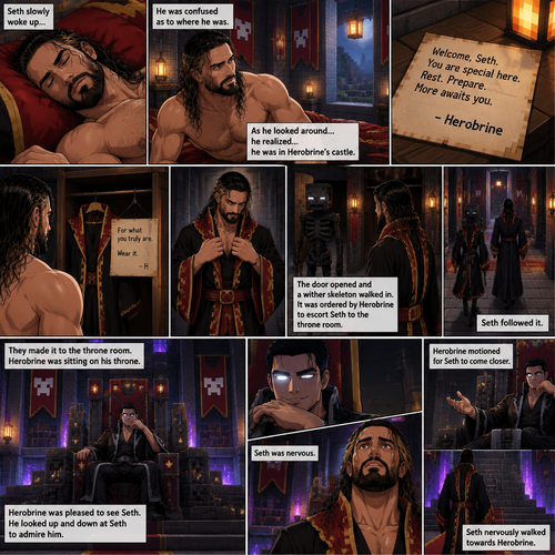 (Part 3) we’re now in the world of Minecraft. Seth Rollins was asleep in some sort of royal bed….Herobrine’s royal bed. Seth slowly woke up,he was confused as to where he was. As he looked around….he realized…he was in Herobrine’s castle. He slowly stood up,then he noticed a note on the nightstand. He was confused as to what Herobrine ment in the note,then he noticed a closet and walked to it. He opened the door and sees a fancy Robe and a note attached to it. He didn’t know what to say,Against his better judgment he put it on. Then the door opened and a wither skeleton walked in. It was ordered by Herobrine to escort Seth to the throne room. Seth followed it. They made it to the throne room,Herobrine (In human form) was sitting on his throne. Herobrine was pleased to see Seth. He looked up and down at Seth to admire him. Seth was nervous. Herobrine motioned for Seth to come closer. Seth nervously walked towards Herobrine