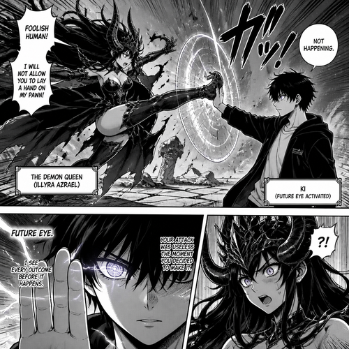 The Demon queen intervenes and tries to kick sato but is blocked by ki using his Future eye