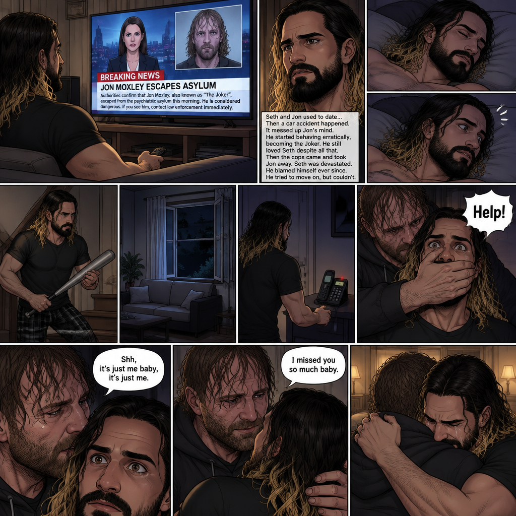 (Recap) Seth Rollins was at his house after a long day,A news report came on tv,The reporter said that Jon Moxley A.KA the Joker had escaped from the asylum that morning,Seth tensed up a bit,he and Jon used to date….then car accident happened witch messed up Jon’s mind,he started behaving erratically becoming the joker,he still loved Seth despite all that,then the cops came and took Jon away,Seth was devastated,he blamed himself ever since,he tried to move on but couldn’t. (And now part 2). Seth was asleep in his bed….then he was woken up by a noise coming from downstairs. He grabbed a bat and walked downstairs,when He got downstairs…he noticed…one of the windows in the living room was open. He got spooked. He ran to his home phone to call the police….but before he picked up the phone….someone grabbed him from behind. “Help!” Seth yelled. The person covered Seth’s mouth. Then he whispered in Seth’s ear “shh,it’s just me baby,it’s just me”. Seth recognized the voice….It was Jon. He removed his hand from Seth’s mouth. He wrapped his arms around Seth. “I missed you so much baby” Jon said Softly. Seth dropped the bat,Then tears rolled down his face. He wrapped his arms around Jon tightly while tears were still pouring down his face as if he were afraid that Jon was gonna be taken away from him again