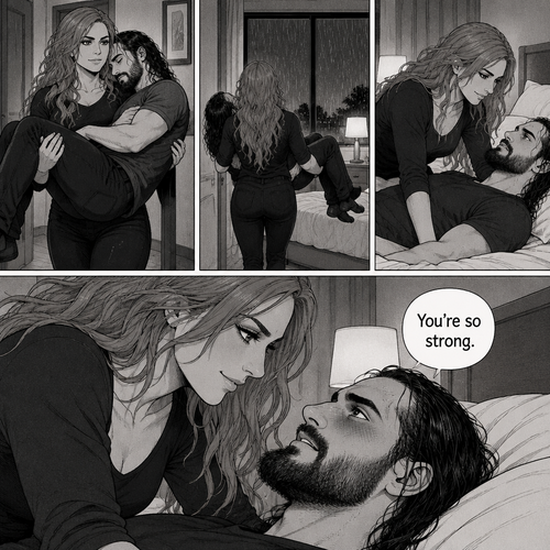 Part 3.Still is Seth Rollins’s house,Still raining outside,Becky Lynch was holding Seth Rollins in her arms,She walked to his bedroom while holding him.She gently put him down on the bed.He looked up at her while blushing. “You’re so strong” Said Seth. 