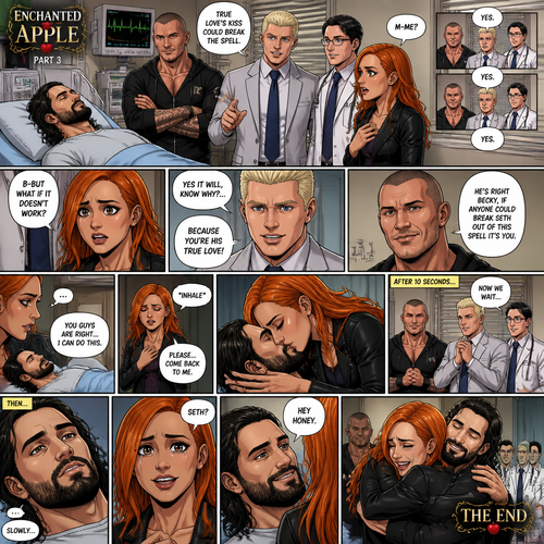 Part 3 of the Enchanted apple story.Seth Rollins is still unconscious at the hospital.Randy Orton,Cody Rhodes and the doctor were looking at Becky Lynch after Cody got the idea that true love’s kiss could break the spell. “m-me?” Asked Becky.Randy,Cody and the doctor nodded in response. “B-But what if it doesn’t work?” Asked Becky. “Yes it will,Know why?…Because you’re his true love!” Said Cody. “He’s right Becky,If anyone could Break Seth out of this spell it’s you” Said Randy.She looks at Seth’s sleeping face.She nodded to her self. “You guys are right…I can do this” said Becky.She took a deep breath,Walked to Seth and leaned forward to him. “Please…come back to me” Becky said quietly,Then…she gently kissed him.After 10 seconds she stopped.They waited…Then…Seth slowly opened his eyes.The first face he saw was Becky’s.”Seth?” Asked Becky. Seth smiled softly at her. “Hey honey” Seth said softly.Becky’s tears of joy came out from her eyes.Then Becky and Seth hugged each other gently while Cody,Randy and the doctor watched.That is the end of this story