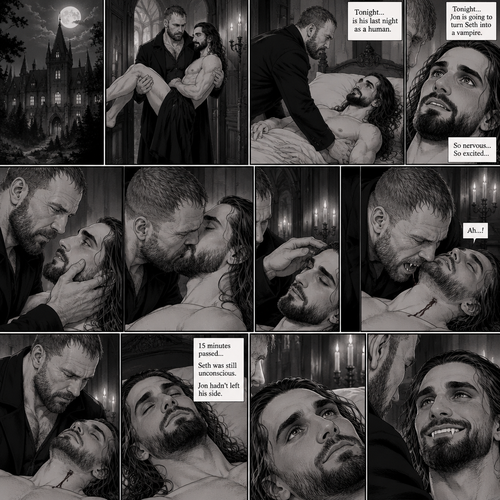 There’s a Dark Vampiric mansion in the woods,Inside there’s a dark Vampiric chamber.The door opens,A vampire (Jon Moxley) walks in carrying his human lover (Seth Rollins).Jon Gently puts Seth on the bed.Seth looked up at him.Seth was very nervous and excited,Because tonight…is his last night as a human,Tonight…Jon was going to turn Seth into a vampire.Jon caresses Seth’s cheek lovingly,then he gently kisses him.After he pulls away Jon brushed Seth’s hair off his face.He leaned towards Seth’s neck,His fangs come out,Then…his fangs pierce Seth’s neck.Seth gasped softly.After he was finished Jon pulled away from Seth’s neck.Seth opened his eyes and looked up at Jon.After the exchange and the painful process was done Seth slipped into unconsciousness.15 minutes passed,Seth was still unconscious,Jon hadn’t left his side.Then…Seth’s eyes opened slowly.He looked at Jon.Seth Smiled at Jon his fangs showing