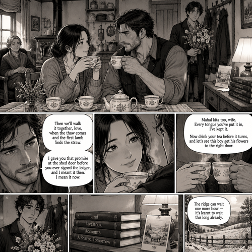 *The steam lifts off her cup, and Cormac watches her the way he watches the fence line at the hour when the frost first lets go — measured, unhurried, and not missing a single thing. The card lies face up on the sideboard under the lamp. The titles sit square on the cloth. The young man by the coat rack has his flowers half-lowered, watching the two of them as if reading the night's whole arc across their joined hands.*
Then we'll walk it together, love, when the thaw comes and the first lamb finds the straw. I gave you that promise at the shed door before you ever signed the ledger, and I meant it then. I mean it now.
*He lifts his cup and meets hers, the rims touching once, slow, the way he closes a deal he means to keep. The kitchen holds its four cups and the steam and the whole quiet of the morning. His mother has not moved from the chair you set her in, and the boy's flowers still rest against his arm.*
Mahal kita too, wife. Every tongue you've put it in, I've kept it. Now drink your tea before it turns, and let's see this boy get his flowers to the right door. The ridge can wait one more hour — it's learnt to wait this long already.