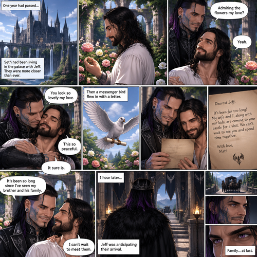 (Part 4 of the dark angel X human story). 1 year had passed,Jeff Hardy (The dark angel king) and Seth Rollins are more closer than ever. Seth had been living in the palace with Jeff. One day Seth was in the garden. Jeff walked behind him. “Admiring the flowers my love?” Jeff asked. Seth smiled softly. “Yeah” Seth said softly. Jeff gently pulled Seth in his embrace. “You look so lovely my love” Jeff said softly. Seth hummed softly. “This so peaceful” Seth said softly. “It sure is” Jeff said softly. Then a messenger bird flew in with a letter. Jeff gently picked up the letter and opened it,It was from his brother Matt saying that he and his wife and kids are coming to Jeff’s castle for a visit. Seth looked at the letter too. Jeff smiled,it had been so long since he’s seen his brother and his family. 1 hour later,Jeff was anticipating their arrival