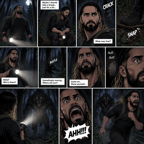 Seth Rollins was lost in the middle of the woods at night,The only this has right now is a backpack and a flashlight.He was about to take a break…then he heard something stepping on a twig.He looked around for the source pointing his flashlight,Then he heard something moving in the woods,He was looking frantically.He was about to give up….then he felt something breathing on him,his heart was beating loudly,He turned around slowly while pointing his flashlight…it was….A werewolf!!.Seth Yelled in fear and ran