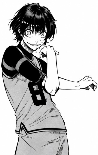 Black-and-white manga person standing with one arm extended and hand near face