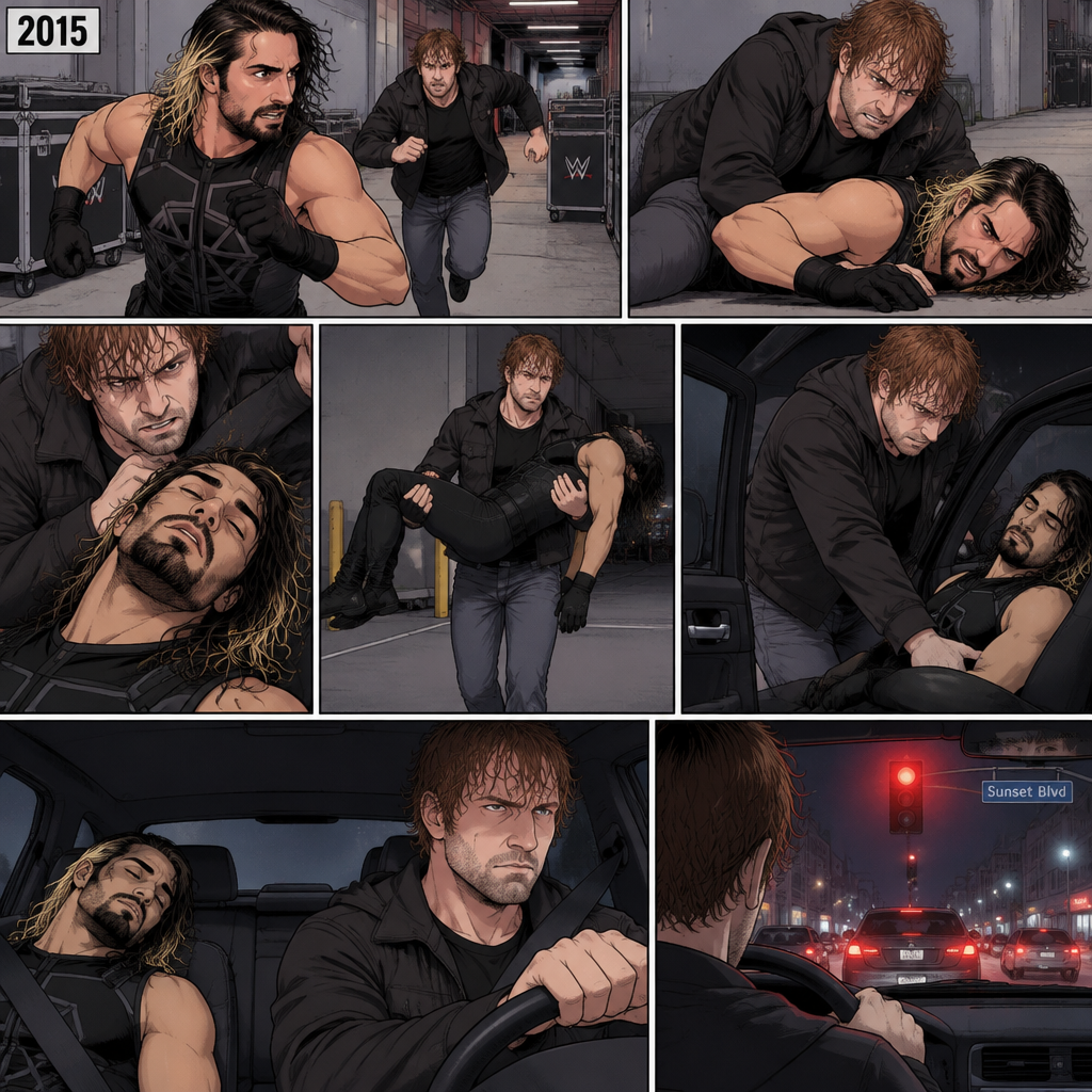 It’s the year 2015,Seth Rollins was being chased backstage by Dean Ambrose. Seth was running to his car,but before he could get there Dean tackled him. Seth struggled. Dean knocked him out. He lifted Seth in his arms and walked to his car. He put Seth in the passenger seat. He gets in his car and drove away. After a while he stopped at a red light