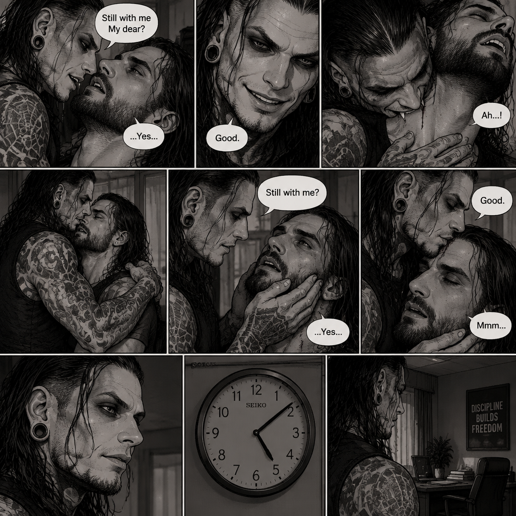 (Part 4 of the Vampire x human story). Still in Jeff Hardy’s office. Jeff was still Kissing Seth Rollins against the wall. After about a minute,Jeff pulled away. Jeff whispered in Seth’s ear “Still with me My dear?” Jeff asked softly. “…Yes…” Seth said softly. Jeff grinned. He leaned forward to Seth’s neck. Seth’s heart was racing. Jeff placed his hand on Seth’s chest to feel his heartbeat again. Seth gasped softly. Jeff gently pierced his fangs into Seth’s neck. Seth yelped softly. Jeff wrapped his arms around Seth. After awhile Jeff removed his fangs from Seth’s neck. Seth was breathing softly. Jeff gently placed his hand on Seth’s cheek. “Still with me?” Jeff asked softly. Seth looked up at Jeff while trying to keep his eyes open. “…Yes…” Seth said softly. Jeff smiled. “Good” Jeff said softly. Jeff gently kissed Seth’s forehead. Seth hummed softly. Jeff looked at the clock on the wall,it was 5:08 pm