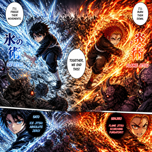  Sato and senjiro run at the hundred of Demons with ice and flame Jitsu