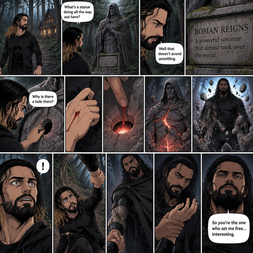 Seth Rollins was walking in the woods near his house,Then…he discovered an old statue Of a man in a cloak (Roman Reigns). “What’s a statue doing all the way out here?” Seth asked himself. He looks at the nameplate “Roman Reigns,A powerful sorcerer that almost took over the world”. “Well that doesn’t sound unsettling” Seth said to himself sarcastically. Then he noticed a hole on the statue. “Why is there a hole there?” Seth asked himself. Then….Seth somehow accidentally cut his hand. A little bit of his blood dripped into the hole,Then…..the hole started glowing,Then the statue….started to crack. Then…the statue broke apart….revealing…the sorcerer himself. Seth was shocked. The sorcerer looked down at Seth. Seth was about to scramble away…but the sorcerer grabbed His wrist before he could get away. He pulled Seth up off the ground by the wrist. He looked at the cut on Seth’s hand. Then he looked back at Seth. Then..the sorcerer spoke “so you’re the one who set me free…interesting”