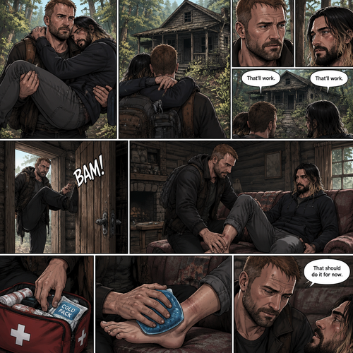 (Part 5). Still in the zombie apocalypse. Jon Moxley was walking in the woods while Holding Seth Rollins in his arms after emotional reunion near the river. Seth was resting his head on Jon’s shoulder while holding on. Jon looked ahead and he sees an abandoned Cabin. Seth Sees it too. Jon and Seth looked at each other,Then they looked back at the cabin. “That’ll work” Jon and Seth said in unison. Jon walked to the cabin,Then he kicked the door open and walked inside. He gently put Seth down on the couch. He reached into his bag and pulled out a first aid kit,He gently lifted Seth’s sprained ankle,He grabbed an ice pack from the first aid kit and gently puts it on Seth’s ankle. “That should do it for now” said Jon