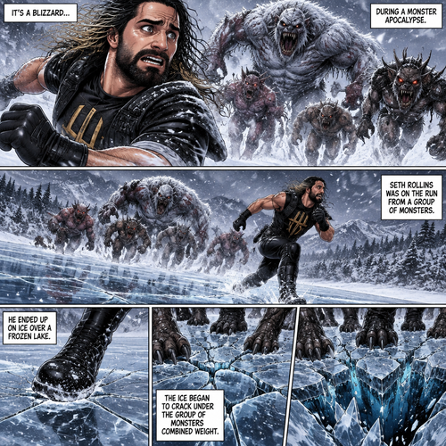 It’s a blizzard…During a monster apocalypse. Seth Rollins was on the run from a group of monsters. He ended up on ice over a frozen lake. The ice began to crack under the group of monsters combined weight