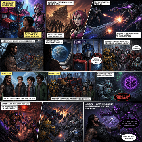 WWE Superstar Roman Reigns ends up on Cybertron as a child and ended up adopted by Optimus Prime and Elita-1.Years later Cybertron is falling apart,Elita-One stays behind while Roman,Optimus Prime and the other Autobots leave on the ark after an emotional goodbye.Then suddenly they get attacked by Megatron and the Decepticons.Then The Deceptions shoot the ark’s wing and Roman and Optimus and the other Autobots crash land on another planet.After A while Roman wake up and looks around and sees Optimus and the Autobots unconscious.Roman opens the Arks hatch and sees…That he’s on the one planet that he thought he would never return to…His home planet..Earth.Then Optimus wakes up.Roman explains to him that they’re on earth,Then bumblebee,Ratchet,Arcee,Jazz,Ironhide and wheel jack wakes up.Timeskip to 3 days later.They meet Three humans,Thier names are Jack,Miko and Raph.Timeskip to 2 years later.Roman and Optimus and the Autobots have been working along side Jack,Miko and Raph to protect earth from the Decepticons.Then Ratchet made a terrifying discovery…Megatron is using Dark energon.Then the base alarm went off.The Decepticons have found the Autobot base and were attacking them.Then a mysterious creature in a dark energon cyber suit attacks Roman