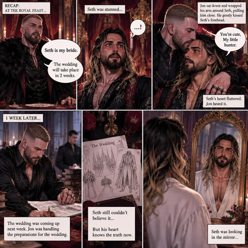 (Recap)Jon Moxley (The vampire king) and Seth Rollins (The vampire hunter…well now The bride Of Jon Moxley) were at the royal feast,Seth was stunned because Jon announced that Seth was his bride,Jon also said that the wedding would take place in 2 weeks,Seth just sat there stunned,Jon sat down and wrapped his arm around Seth and pulled him close,He gently kissed Seth’s forehead,Seth’s heart fluttered,Jon heard it and said “you’re cute,My little hunter”. (And now part 6). 1 week had passed,the wedding was coming up next week. Seth still couldn’t believe it…but his heart knows the truth now. Jon was handling the preparations for the wedding. Seth was looking in the mirror