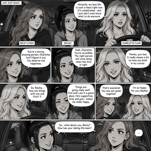 It was late at night,Becky Lynch Was in a car with Charlotte Flair and Bayley. They were driving to Becky’s house. Charlotte was talking about her complicated love life. Becky and Bayley were giving her words of comfort and support. Charlotte then asked Bayley how things were between her and Finn Bálor (They’re dating in this story). Bayley said things were going very well between the two of them. Becky and Charlotte were both happy to hear that. Bayley then looked at Becky and asked How HER dating life had been
