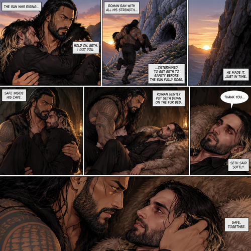 (Part 2 of the Werewolf x vampire story). Roman Reigns (The werewolf) was running to his cave with Seth Rollins (The vampire) in his arms to get him out of the sun. Seth held on tightly. Roman managed to get there before the sun fully rose. Seth was relieved. Roman gently put Seth down on the fur bed. “Thank you” Seth said softly