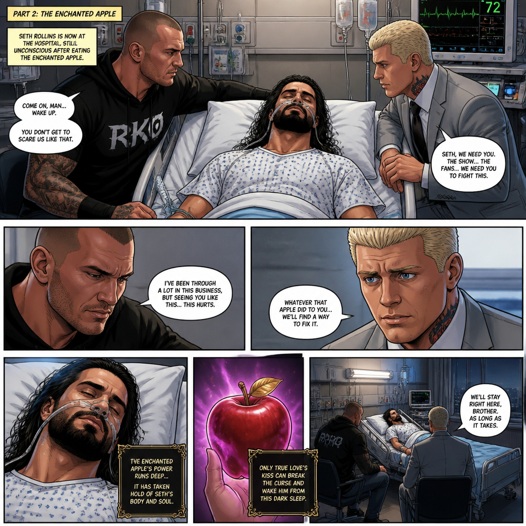 Part 2 of the enchanted apple story.Seth Rollins is now at the hospital Still unconscious after eating the enchanted apple with Randy Orton and Cody Rhodes by his side