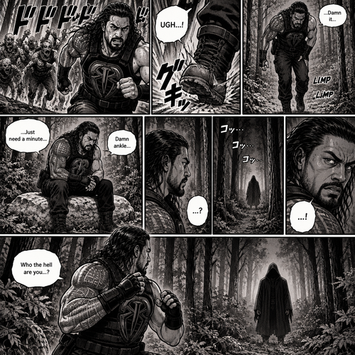 Roman Reigns is in a zombie apocalypse,He walking in the woods. He hurt his ankle while running away from a zombie horde. He’s far away from them and limping in the woods. The pain in his ankle was too much to ignore so he sat down on a rock,he sat there for a while….then….he heard distant footsteps. He looked behind him. There’s a hooded figure in the distance. He slowly stood up,he had his guard up
