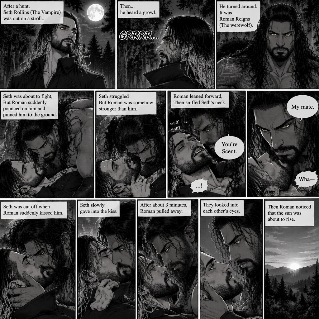 (Part 1 of the Werewolf x Vampire story). Seth Rollins (The Vampire) was out on a stroll after a hunt,Then…he heard a growl. He turned around, It was…Roman Reigns (The werewolf). Seth was about to fight,But Roman suddenly pounced on him and pinned him to the ground. Seth struggled But Roman was somehow stronger than him. Roman leaned forward,Then sniffed Seth’s neck. Seth gasped softly. “You’re Scent” Said Roman. Seth was confused. Roman looked at Seth’s eyes. “My mate” Said Roman. Seth’s eyes widened. “Wha-“ Seth was cut off when Roman suddenly kissed him. Seth slowly gave into the kiss. After about 3 minutes,Roman pulled away. They looked into each other’s eyes. Then Roman noticed that the sun was about to rise