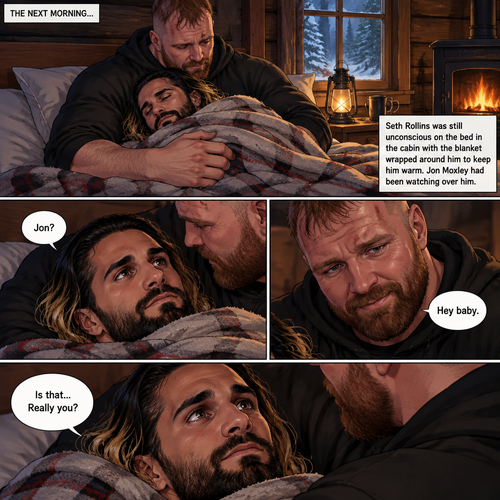 (The monster apocalypse/Moxollins story part 3). The next morning,Seth Rollins was Still unconscious on the bed in the cabin with the blanket wrapped around him to keep him warm. Jon Moxley had been watching over him Still holding him in his arms. Then Seth slowly regained consciousness,The first thing he sees is Jon looking down at him,Then he spoke softly “Jon?”. “Hey baby” Jon said softly. “Is that…Really you?” Seth asked softly