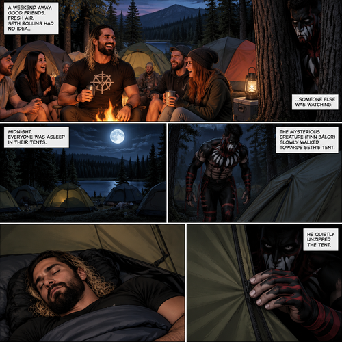 Seth Rollins was at a camp site with a group of friends,Little did he know….a mysterious creature (Finn Bálor) was watching him. At midnight,Seth and the group were asleep in their tents. The mysterious creature slowly walked towards Seth’s tent,He quietly unzipped the tent