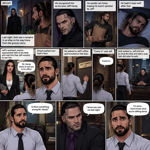 (Recap) Seth Rollins was working at an office building,Last night he saw a vampire in an alley on his way home from the grocery store,he recognized him as his boss Jeff Hardy,he quietly ran home hoping he wasn’t spotted by Jeff,He hadn’t slept well after that,Jeff’s assistant Jessica approached Seth at his desk and told him that Jeff wanted to see him in his office,Dread washed over Seth’s face,he walked to Jeff’s office and knocked on the door,”Come in” said Jeff,Seth walked in,Jeff told him to close the door and take a seat,Seth did what he said. (And now part 2). “Is there something wrong Mr.Hardy?” Seth asked nervously. Jeff looked at Seth with a serious expression. “I know you saw me last night” said Jeff. Seth had a fearful expression on his face but he tried to keep it cool. “I’m sorry…I don’t know what you’re talking about” said Seth