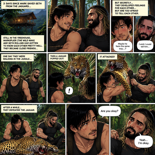 (part 3). 3 days Since Mark Saved Seth from the jaguars,Still in the treehouse,Markiplier (The Wild man) and Seth Rollins had gotten to know each other pretty well. They became close friends…But secretly…they developed feelings for each other but are too afraid to tell each other. One day They were walking in the jungle,Then a jaguar popped out,It attacked. They fought it off. After a while they defeated the jaguar. “Are you okay?” Asked Mark. “Yeah…I’m okay” Said Seth