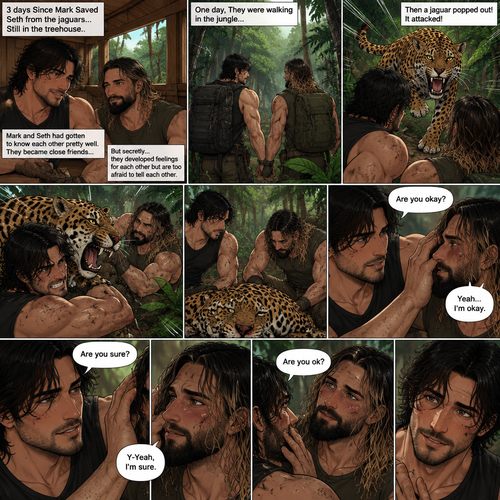 (part 3). 3 days Since Mark Saved Seth from the jaguars,Still in the treehouse,Markiplier (The Wild man) and Seth Rollins had gotten to know each other pretty well. They became close friends…But secretly…they developed feelings for each other but are too afraid to tell each other. One day They were walking in the jungle,Then a jaguar popped out,It attacked. They fought it off. After a while they defeated the jaguar. “Are you okay?” Asked Mark. “Yeah…I’m okay” Said Seth. Mark brushed Seth’s hair off his face. “Are you sure?” Asked Mark. Seth blushed a little. “Y-Yeah,I’m sure” said Seth. “Are you ok?” Asked Seth