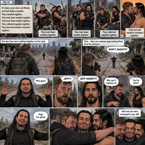 (Part 6). Still in the zombie apocalypse. “it’s been a year since Jon Moxley and Seth Rollins reunited. They travelled together,They took down zombies together,They took down bandits together,They collected supplies together,They also had romantic moments together. One day they were walking together on the road…Then…..they see a person approaching them from the distance. They raise their weapons at the person just to make sure that the person wasn’t a threat. The person raised his hands and shouted “DON’T SHOOT!!!”. They recognized that voice…It was Jeff Hardy. They were shocked. Jeff waved at them and said “Hey guys”. Jon and Seth lowered their weapons and ran towards him. They hugged him. “We can’t believe it!” Said Jon. “You’re alive!” Said Seth. “Yep! I’m alive!” Said Jeff. Seth and Jon were overjoyed to see Jeff