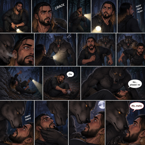Seth Rollins was lost in the middle of the woods at night,The only this has right now is a backpack and a flashlight.He was about to take a break…then he heard something stepping on a twig.He looked around for the source pointing his flashlight,Then he heard something moving in the woods,He was looking frantically.He was about to give up….then he felt something breathing on him,his heart was beating loudly,He turned around slowly while pointing his flashlight…it was….A werewolf!!.Seth Yelled in fear and ran.The werewolf chased after him,It was gaining on Seth…but he wasn’t about to give up now..so he kept running.Seth was still running….then he tripped and rolled down a steep hill,He sprained his ankle on the way down…and then he hit his head at the bottom of the hill. “Ow” said Seth.He rolled on his back,His head and his ankle were hurting.The werewolf caught up to him. “No…please no” said Seth. The werewolf slowly walked up to him,Then it slowly got on top of him.he braced himself,He thought the werewolf was gonna eat him….But….it didn’t happen…instead…the werewolf leaned forward and sniffed him.The werewolf snapped his head up to look at Seth afterwards.The werewolf then gently placed his hand on Seth’s jaw making him look up at him.They stared into each others eyes,There was something…pulling them together,Then….the werewolf spoke “My..mate”.Seth was caught off guard by what the werewolf just said