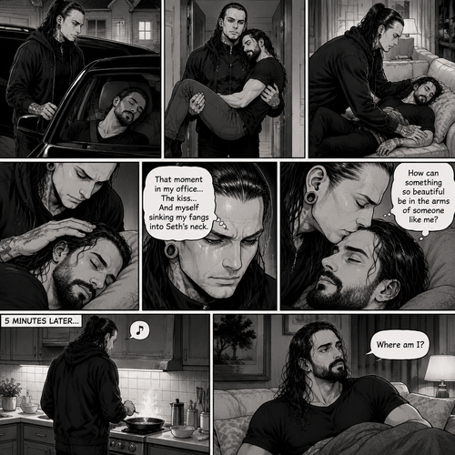 (Part 5 of the Vampire x human story) Jeff Hardy arrives at his house. He walks to the passenger side and gently lifts the sleeping Seth Rollins in his arms. He walks inside,Then he gently put Seth on his couch. He gently stroked Seth’s hair. Then he thought about that moment in Jeff’s office,The kiss and himself sinking his fangs into Seth’s neck. “How can something so beautiful be in the arms of someone like me?” Jeff asked himself. He gently kissed Seth’s forehead,Then he got up and walked to the kitchen. 5 minutes later,Jeff was making dinner and humming a tune. Meanwhile,Seth slowly woke up,He sat up and looked at his surroundings. “Where am I?” Seth asked himself