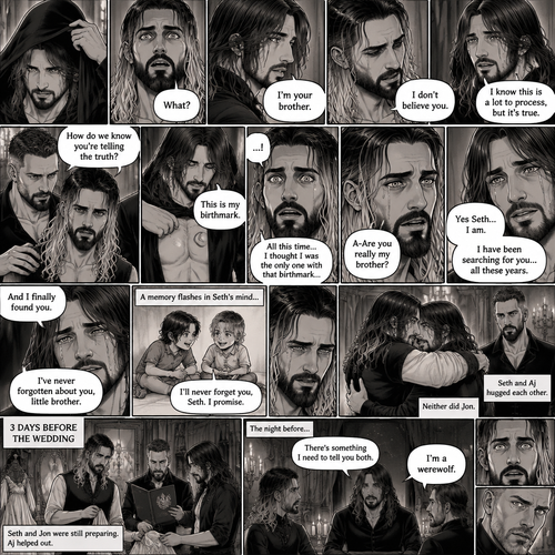 (Recap) Seth Rollins (The vampire hunter turned Bride of the Vampire king) was almost kidnapped by A mysterious figure (AJ Styles),Jon Moxley (Vampire King) Saved Seth,The man took off the hood and revealed he’s Seth’s brother,Seth was stunned. “What?” Seth asked,”I’m your brother” said Aj,Seth shook his head a little,”I don’t believe you” Said Seth,”I know this is a lot to process,but it’s true” said Aj,Jon gently pulled Seth to his side,”How do we know you’re telling the truth?” Jon asked cautiously,Aj shows his birthmark,It’s the shape of a crescent moon…just like Seth’s. Seth was stunned,All this time he thought he was the only one with that birthmark’”A-Are you really my brother?” Seth asked,”Yes Seth…I am” said Aj,”I have been searching for you…all these years” Aj paused,Tears welling up in his eyes,”And I finally found you” Aj continued,Seth didn’t know what to say,Neither did Jon,”I’ve never forgotten about you,little brother” Said Aj,Something flashed in Seth’s mind,it was a memory of himself and Aj when they were little,Aj (as a kid) had promised Seth he would never forget him,The flashback ends,Tears welled up in Seth’s eyes,Seth and Aj hugged each other,Jon just watched. (And now part 8). 3 days before the wedding,Seth and Jon were still preparing. Aj helped out. The night before Aj had told Jon and Seth that he’s a werewolf