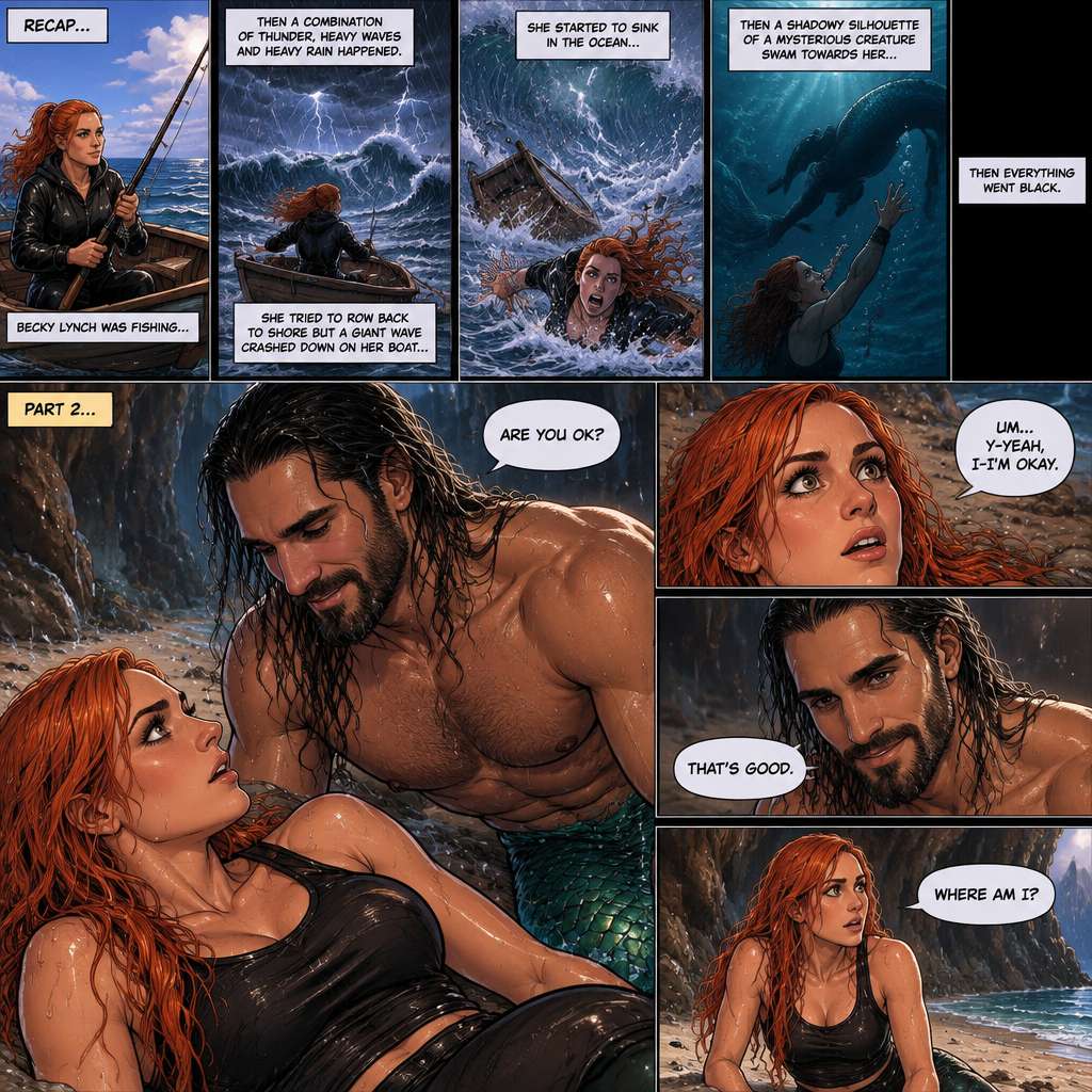(Recap) Becky lynch was fishing,then a combination of thunder,Heavy waves and heavy rain happened,She tried to row back to shore but a giant wave crashed down on her boat,she started to sink in the ocean,then a shadowy silhouette of a mysterious creature (Seth Rollins as a merman) swam towards her,Then everything went black. (And now onto part 2). Minutes have passed,Becky slowly regained consciousness,The merman that saved her was looking down at her with relief in his eyes. “Are you ok?” Asked the merman. Becky was shocked to see an actual Handsome merman looking down at her. “Um…Y-Yeah,I-I’m okay” said Becky. The merman smiled. “That’s good” said the merman. Becky slowly sits up. “Where am I?” Asked Becky