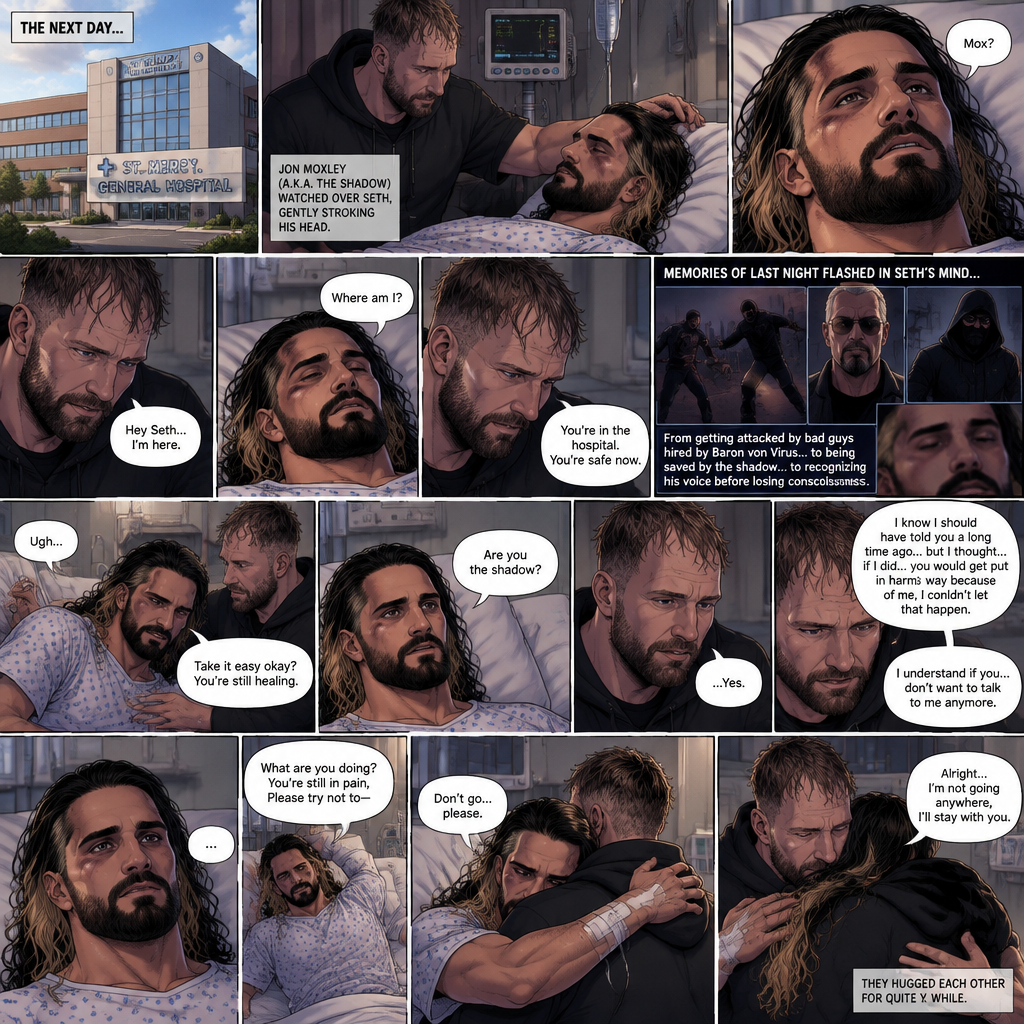 (Part 2 of the Vigilante x detective story). The next day,Seth Rollins (The detective) was still unconscious. Jon Moxley (A.K.A The vigilante known as the shadow) was watching over him. He gently stroked Seth’s head. Then…Seth slowly regained consciousness. He spoke weakly “Mox?”. “Hey Seth…I’m here” Jon said Softly. Seth was silent for a bit before he spoke weakly “Where am I?”. “You’re in the hospital,You’re safe now” Jon said softly. Memories of last night flashed in Seth’s mind,From getting attacked by Bad guys hired By Baron von virus to being saved by the shadow to recognizing his voice before losing consciousness. Seth tried to sit up but couldn’t because of the pain. “Take it easy okay?,You’re still healing” Jon said softly. Seth was quiet for a moment. Jon could tell something was on Seth’s mind. Then…Seth asked Jon the one question that he thought in his mind “Are you the shadow?”. Jon knew this day would come. He didn’t deny it. “…Yes” Jon said softly. Seth was quiet for a moment again. Jon gently took Seth’s hand as he spoke “I know I should have told you a long time ago…but I thought…if I did…you would get put in harm’s way because of me,I couldn’t let that happen”. Seth processed what Jon said. “I understand if you…don’t want to talk to me anymore” said Jon. It was silent for a while…Then Seth tried to sit up again despite the pain. Jon was confused. “What are you doing?,you’re still in pain,Please try not to-“ Jon was cut off By a Hug from Seth. “Don’t go…please” Seth said softly. Jon was caught off guard a little…then he gently hugged Seth back. “Alright…I’m not going anywhere,I’ll stay with you” Jon said softly. They hugged each other for quite a while
