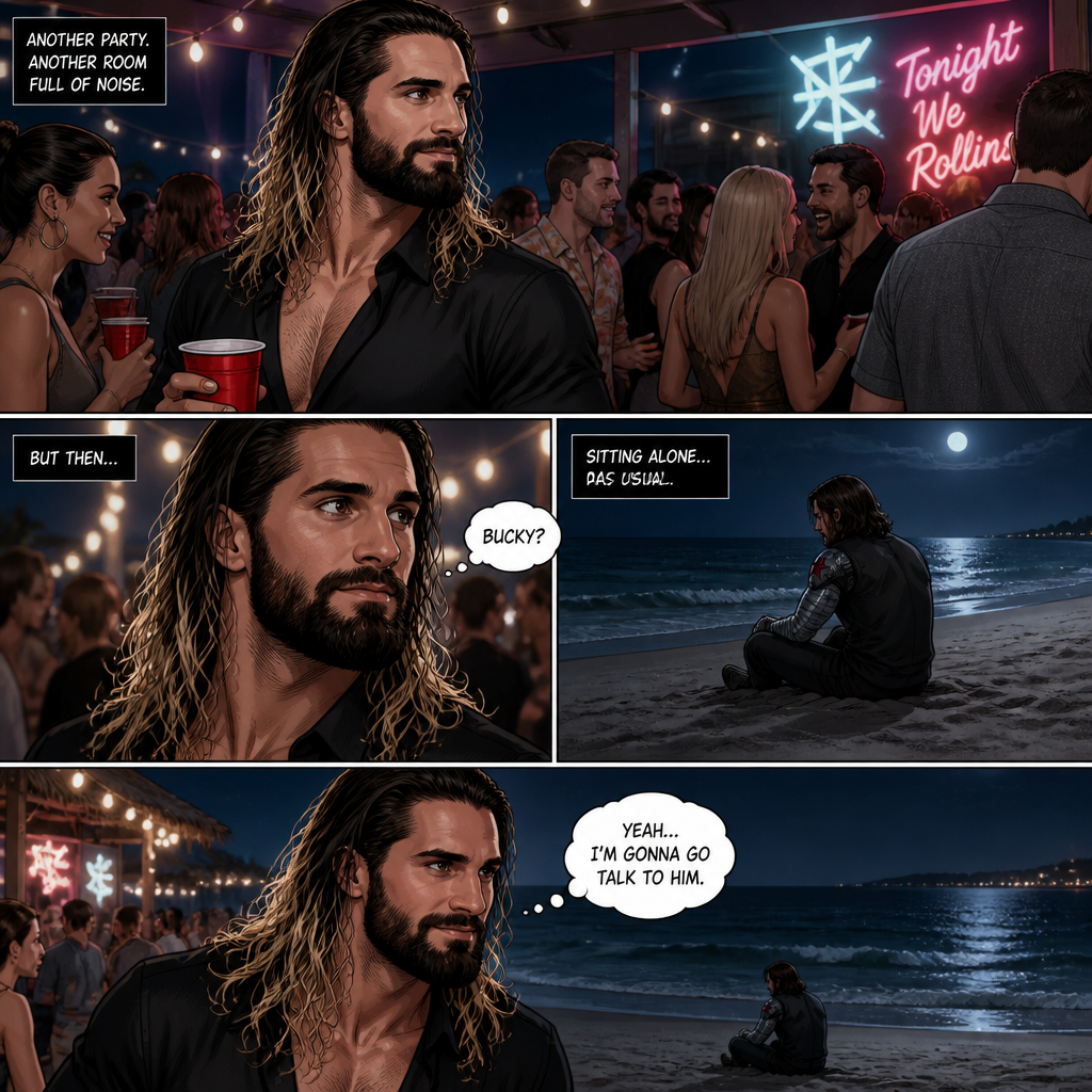 Seth Rollins is at a party,Then he sees Bucky sitting alone on the beach