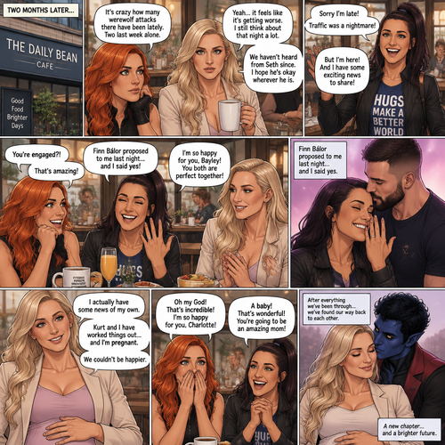 (Part 2 of the Werewolf X human story). It’s been two months since the night Becky Lynch and Her friends Charlotte Flair and Bayley saved the Man (Seth Rollins). They haven’t seen him since. Becky and charlotte were having brunch at a cafe,They were talking about the recent werewolf attacks. Then Bayley showed up late….with a happy grin on her face. She apologized for being late and sat at the table. Then she said she’s has some exciting news to share with the two of them….Finn Bálor proposed to her last night…and she said yes. Becky and Charlotte were happy and excited for Bayley. Then Charlotte said she’s has some news of her own. She and her husband (Kurt Wagner a.k.a nightcrawler) have worked it out…and She’s pregnant