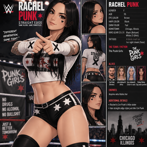 WWE wrestler oc info card Rachel Punk

Gender:F
Age:35
Eye Color:Brown
Hair Color:Black
Skin Color:Fair
Hometown:Chicago,Illinois
Ring gear Color:Black (Bottom) white (T-Shirt)
Tattoos:A black heart on her right cheek (Face)
Tag team/Faction:The Punk Girls
Allies:Cm Punk (Brother),Julia Ashworth (Wife),Icey Ashworth (Sister in law),Punky Penny (Tag team partner)
Enemies:Anyone who Hates her
Additional details:Rachel is Cm Punk’s little sister,Has straight edge style just like Cm Punk
