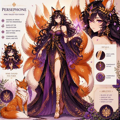 Nine tail fox and Greek god persephone fusion . Make it able to be traced but still give it detail