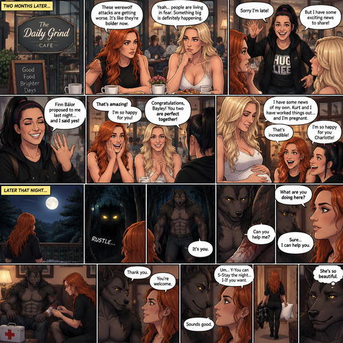 (Part 2 of the Werewolf X human story). It’s been two months since the night Becky Lynch and Her friends Charlotte Flair and Bayley saved the Man (Seth Rollins). They haven’t seen him since. Becky and charlotte were having brunch at a cafe,They were talking about the recent werewolf attacks. Then Bayley showed up late….with a happy grin on her face. She apologized for being late and sat at the table. Then she said she’s has some exciting news to share with the two of them….Finn Bálor proposed to her last night…and she said yes. Becky and Charlotte were happy and excited for Bayley. Then Charlotte said she’s has some news of her own. She and her husband (Kurt Wagner a.k.a nightcrawler) have worked it out…and She’s pregnant. Becky and Bayley were happy and excited for Charlotte. Later that night,Becky was in her backyard looking at the moon…then…She heard a noise from the forest near her house. She looked closely. A pair of Yellow eyes were looking at her. A werewolf slowly walked out of the forest and walked towards her. Her heart was pounding. The werewolf stood in front of her. She….recognized those eyes….it was the man Becky and the girls saved two months ago. “It’s you” said Becky. He nodded. “What are you doing here?” Becky asked. He shows her the wound on his arm…then he spoke “Can you help me?”. Becky looked at the wound. “Sure…I can help you” Said Becky. They went inside Becky’s house. Becky went to get the first aid kit and the werewolf sat down on the couch. She came back and gently treated the werewolf’s wound. After a while,she was finished. “Thank you” the werewolf said softly. “You’re welcome” Becky said softly. They stared at each other. “Um….Y-You can S-Stay the night…I-If you want” Becky said Nervously. “Sounds good” the werewolf said softly. He looked at her like she’s the most beautiful goddess in the world. “Um…I-I’ll..go get you a blanket and a P-Pillow” Becky said nervously. She goes to get him a blanket and a pillow. He kept looking at her. “She’s so beautiful” he said to himself (End of part 2)