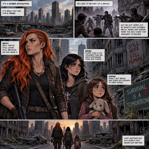 It’s a zombie apocalypse,It’s been that way for 6 years,Becky lynch is surviving with two people,A teenager named Raven and a little girl named Sophie. They used to be part of a group…but they got wiped out by Bandits and Zombies,Becky,Raven and Sophie were the only ones that managed to escape. They’re currently walking in the city