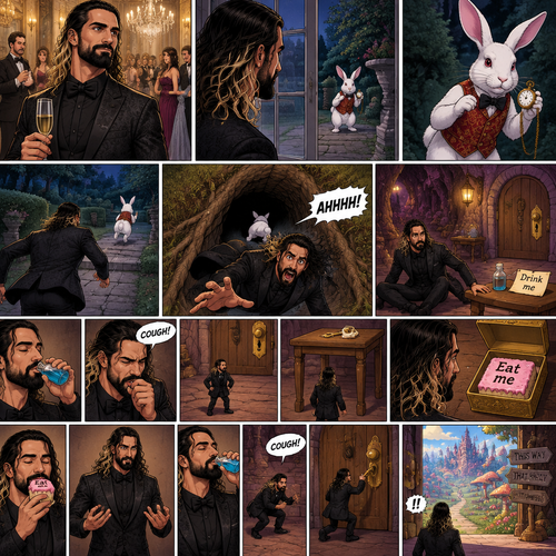 Seth Rollins was at a fancy party,Then he sees a white rabbit outside.It’s wearing a fancy vest and holding a pocket watch and it’s looking at him.Then it starts hopping away and Seth followed it.The rabbit kept hopping and Seth kept following,Until the rabbit jumped down the rabbit hole.Seth looked in the hole…Then he leaned in to far and started falling down the hole. “AHHHH!” Seth Yelled.He kept falling and falling,Till eventually he landed on the bottom.He looked at his surroundings,then he noticed a small door in front of him.He turned around and noticed a small table behind him,there’s a small potion on top of it and with a note attached to it that says “drink me”.He took the potion and took a sip,He coughed a little,Puts the potion back and shrinks (literally).He ran to the door and turned the handle…Its locked.He found the key…and it’s…the table,He’s too small to reach it.he looks around for a solution,Then he sees a box,He opens it,inside is a square shaped cake with writing on it that says “Eat me”.He eats it…and then grows (literally).He grabs the key,Drinks the potion again,Coughed and shrinks (Again literally).He runs to the door and unlocks it with the key,He opens the door.He’s shocked by what he finds.End of part 1