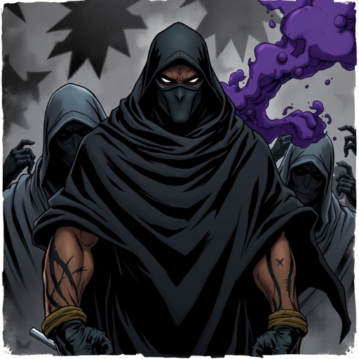 A strong black male with battle wounds and a black ski mask on his face. A purple evil aura circulating him with a ski mask on with no eyes and mouth coming out. Wearing a all black out poncho with noob saibot fighting powers with enemies 