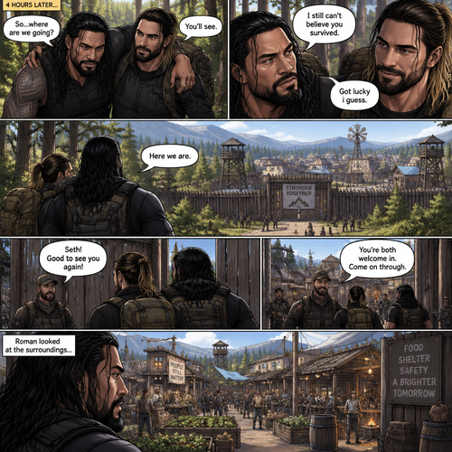 (Part 2 of the Zombie Apocalypse story). Still in the woods,Still far away from the zombies. Roman Reigns was still limping from the sprained ankle and Seth Rollins was helping him walk. It had been 4 hours since they reunited. “So…where are we going?” Roman asked. “You’ll see” said Seth. “I still can’t believe you survived” Said Roman. “Got lucky i guess” said Seth. They kept walking till they spotted a community like town up a head. “Here we are” Said Seth. They walked towards it. One of the guards recognized Seth. The guards let Seth and Roman in. Roman looked at the surroundings